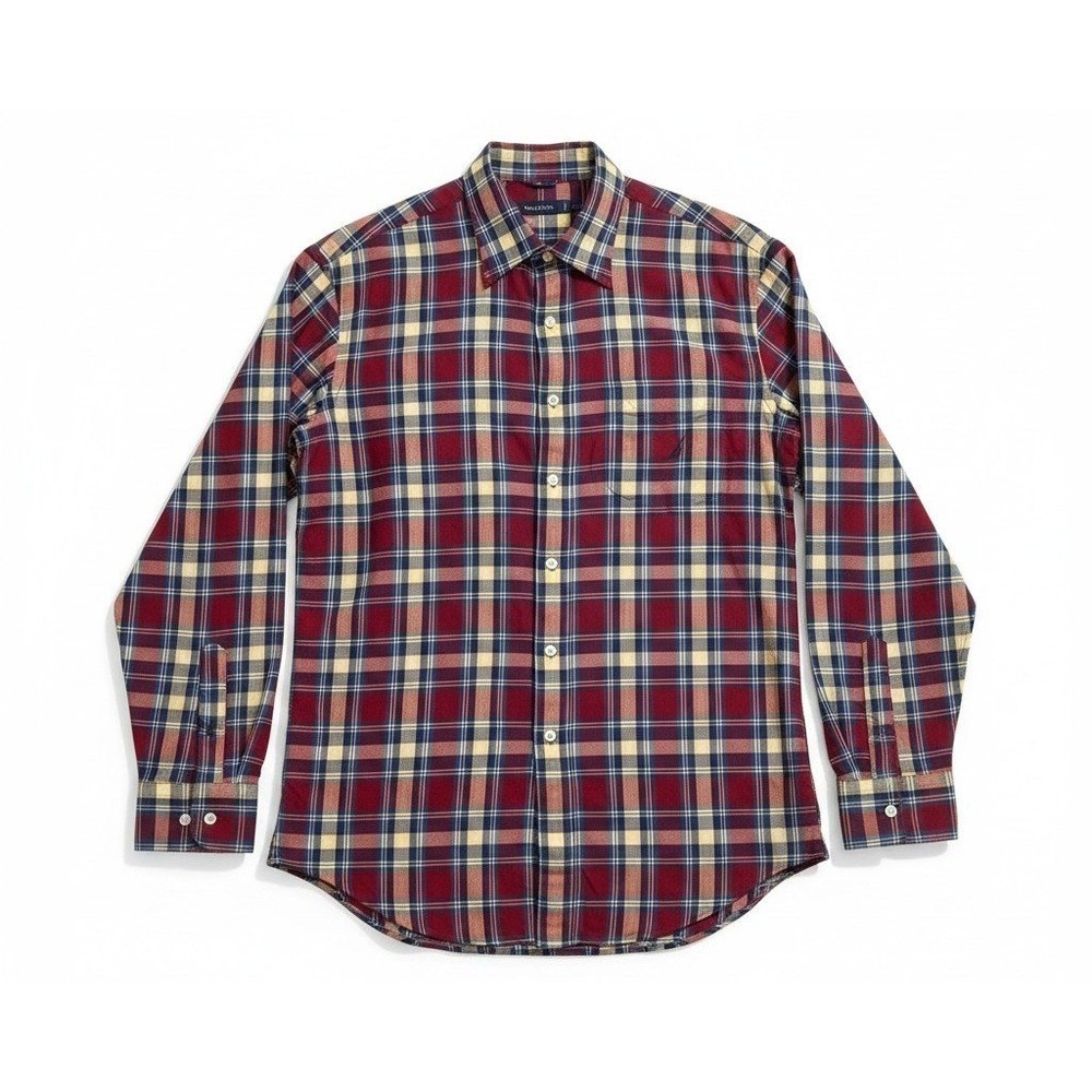 Nautica Mens XL Plaid Button Down Shirt Burgundy Navy Blue Yellow Long Sleeve